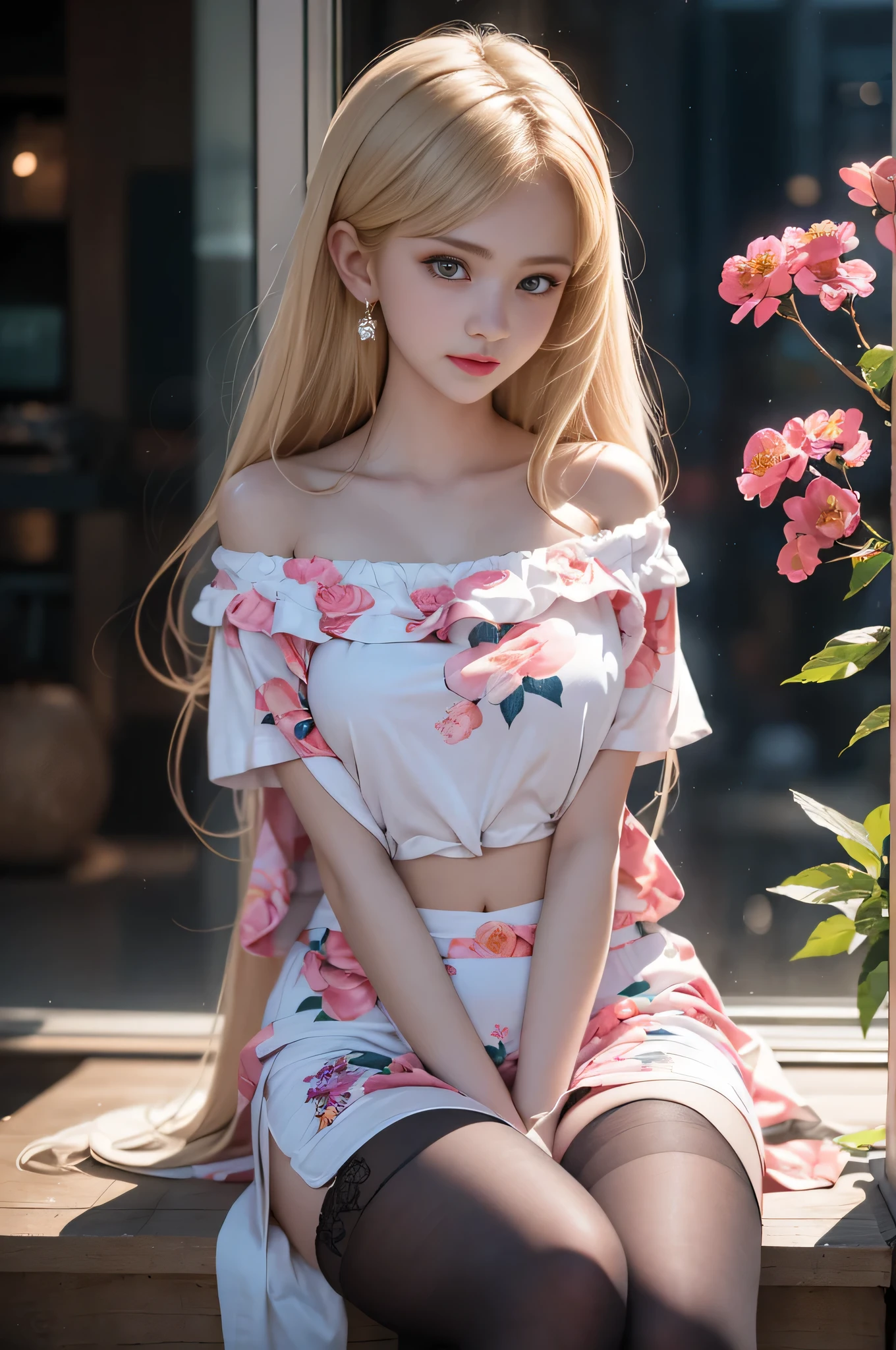 ((Girl sitting on train seat)),Bright expression、Younger, brighter, whiter skin、Best Look Rondo Reflective Light、Platinum blonde hair with dazzling highlights、Shiny bright hair,、Super long, silky straight hair、Shiny beautiful bangs、Shining transparent attractive big blue eye、A very beautiful, lovely and cute 16 year old girl、Ample breasts,Beautiful and detailed eye, Beautifully detailed nose,(( whole body:1.5)),Makeup that accentuates the eyes、Royal Style，Comic book style, , Scattered beneath the surface, Glamorous decoration, Nature background, Super huge breasts, ((cinematic)), Dramatic lighting, Tabletop、((Off-shoulder T-shirt with floral print on white:1.4))、(Loose and fluffy perm:1.4)、One Girl、((Bob Hair:1.3))、Ultra-realistic 8K CG, Perfection face, perfection, clean, Tabletop, Professional artwork, Famous works of art, Perfection face, Beautiful Face, Beautiful eye, ((perfection female body)), alone,(Immersive atmosphere, clair obscur:1.5,Bright light:1.2,Bright lighting),(blush:0.5),A captivated look,Very detailed_eye,Thick thighs,big,Beautifully detailed backgrounds,Depth of written boundary,Realistic:1.3, Long Shot,Sitting, whole body, (Ambient Light:1.3),(cinematic composition:1.3),(Neon Light:0.1),(Hmph:0.1),Accent lighting, pantyhose,((Out of the window, Blurred skyscrapers))、(())、(Puffy eyes:1.２)、 (Thin legs),(Light on face and chest)、(((((Underbust)))))、Lower Breast、Oily skin、skinny、 (The underside of the chest is slightly visible),(The underboob is visible、I can see your belly button and ribs)、The hips and lower abdomen are visible、Dark blue flared skirt、(Lift up your skirt）,((White thong panties are visible)),