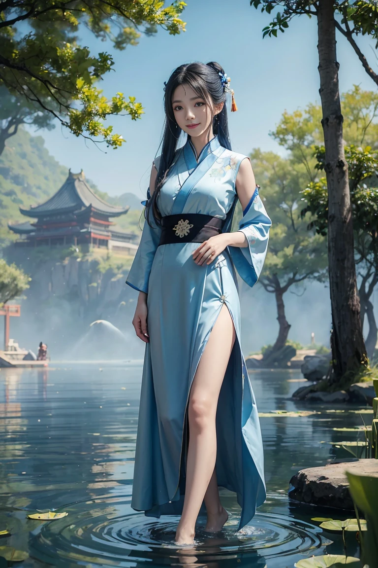 ((4K,masterpiece,Highest quality)), Shui Movissim, Chinese painting, Lotus, Hanfu, Maxi Kit, Dress Open, swf 1 girl, alone, Long Blue Hair, smile, Are standing, Soak your feet in water, barefoot,