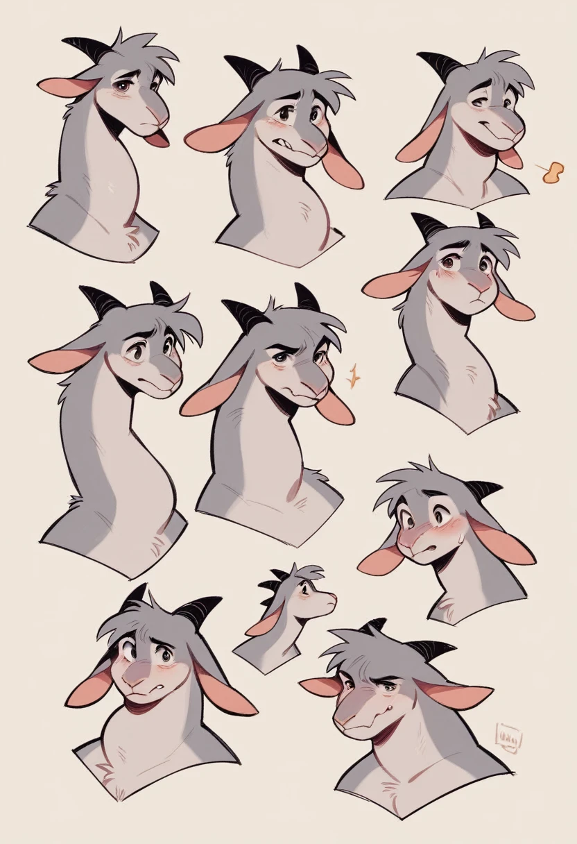Digital art, , Adult Anthro Dragon Goat mix, Dynamic pose, long neck, long floppy ears, blushing, pear body shape, big belly, chubby, ,furry, doodle page, several poses, cartoony style, disney style art