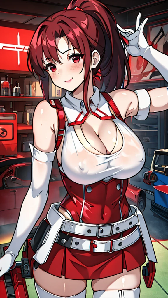 18 year old girl，baby face，dark red hair，Ponytail hairstyle，Zhangzui smile，Huge breasts，Cleavage，Transparent red sleeveless top，Leave space in the middle to reveal Cleavage，Soaked all over，blush，Red eyes，female spy，red miniskirt，White gloves，White hand sleeves，White boots，Science fiction，future，Inside the robot warehouse，robot driver，He has a pistol hanging from his waist，lipstick，Nipple showing，Metal belt around waist