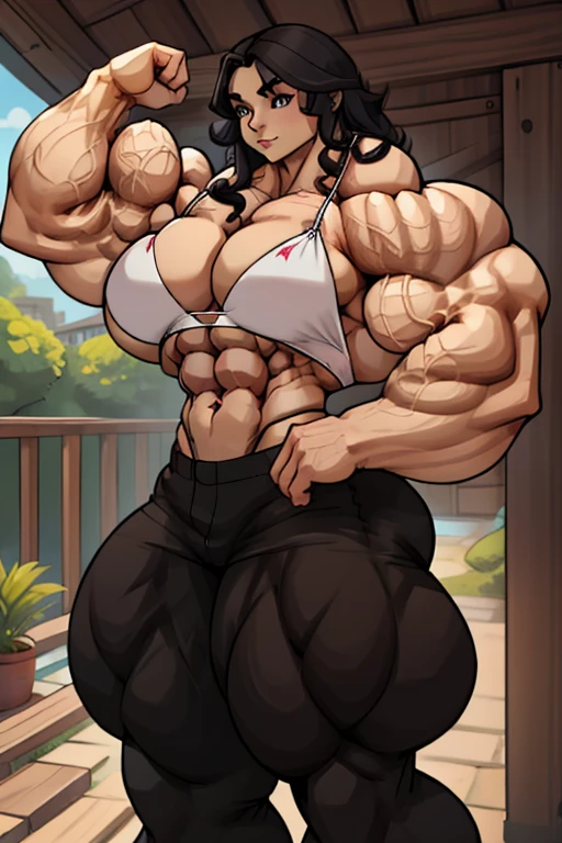 Cute lovely 20 yo woman, long raven.black curly hair, most attractive, pink micro bikini top, free midriff, long baggy trousers, sixpack abs, strong well defined muscle, lean powerful bodybuilder physique, perfect and flawless musculature, great muscle definition, perfect six-pack abs