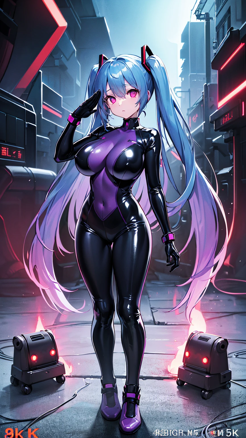 最high quality、Best image quality、masterpiece、Hatsune Miku Vocaloid、Big breasted android girl((18-year-old、red, Glowing black and blue cyber suit、brainwashing,Combatant, Hollow Eyes,((Purple glowing eyes 1.5)), Huge breasts , Expressionless, Emotions are removed,(Black latex tight bodysuit),avert your eyes , whole body shape, ((stand up, Salute right hand)),(最high quality、4K、8K、High resolution、Must have:1.2)、Very detailed、(reality、that's reality的、reality的:1.37)、Best Bust、Bust 90、Twin tails、Open your chest wide、valley、happiness、thin、Expressionless、))high quality、Beautiful art、background((Metro City、cyber punk、Nightclub、Cyber World))、Tabletop、Exquisite design、Visual Arts、Concept Artist、Five Fingers, Perfect body, {{{masterpiece}}}, {{{最high quality}}}, {{Very detailed}}, {shape}, {{Very delicate and beautiful}},Improved cost performance、All Roles、Canon 5D MK4でphotograph、photograph,