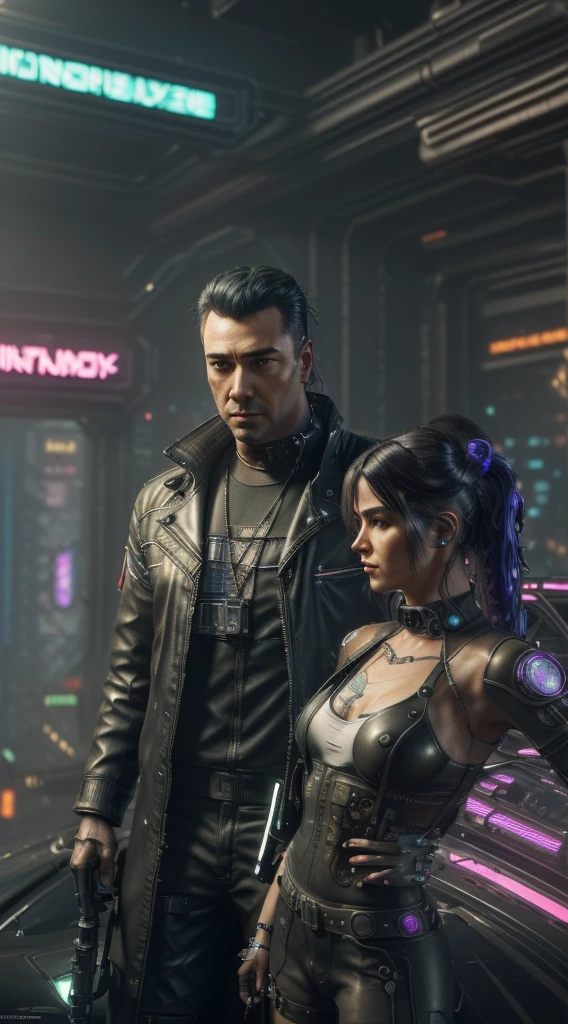 (Photorealistic) (high fidelity (ultra-detailed)), ((Cyberpunk(detailed)), neon lights (cinematic), A cyberpunk gentleman in a full suit and a cyberpunk lady in a full futuristic leather outfit, with a futuristic cyber car, (high quality rendering))