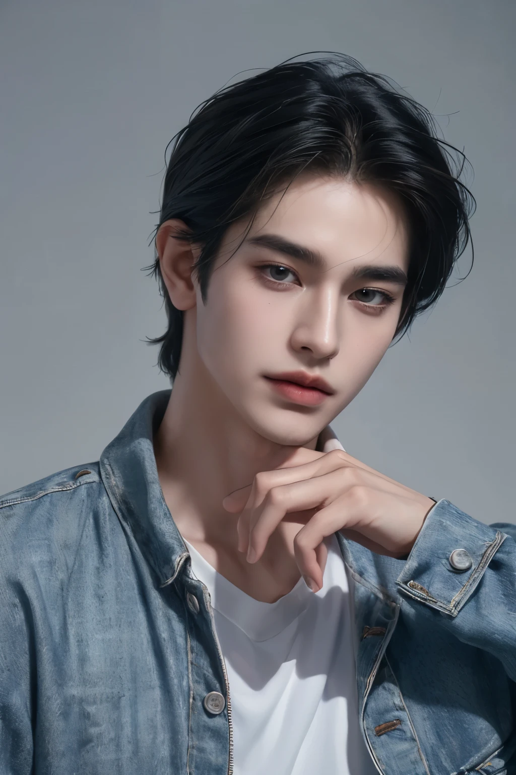 ((highest quality, 8K, masterpiece: 1.3)), a young boy, outdoor background、(Handsome boy in modern fashion:1.5), 20-year-old、Delinquent boy、 well-groomed face, blue hair color、thin face、(white skin:1.5)、whole body、black eyes、boy with makeup、Super handsome、sexy eyes, handsome nose, sharp eyes, High resolution, detailed mouth, smile:1.4, whole body: 1.5, perfect body shape、super slim,medium middle hair、STUSSY clothes、silver accessories、Oversized clothes,
