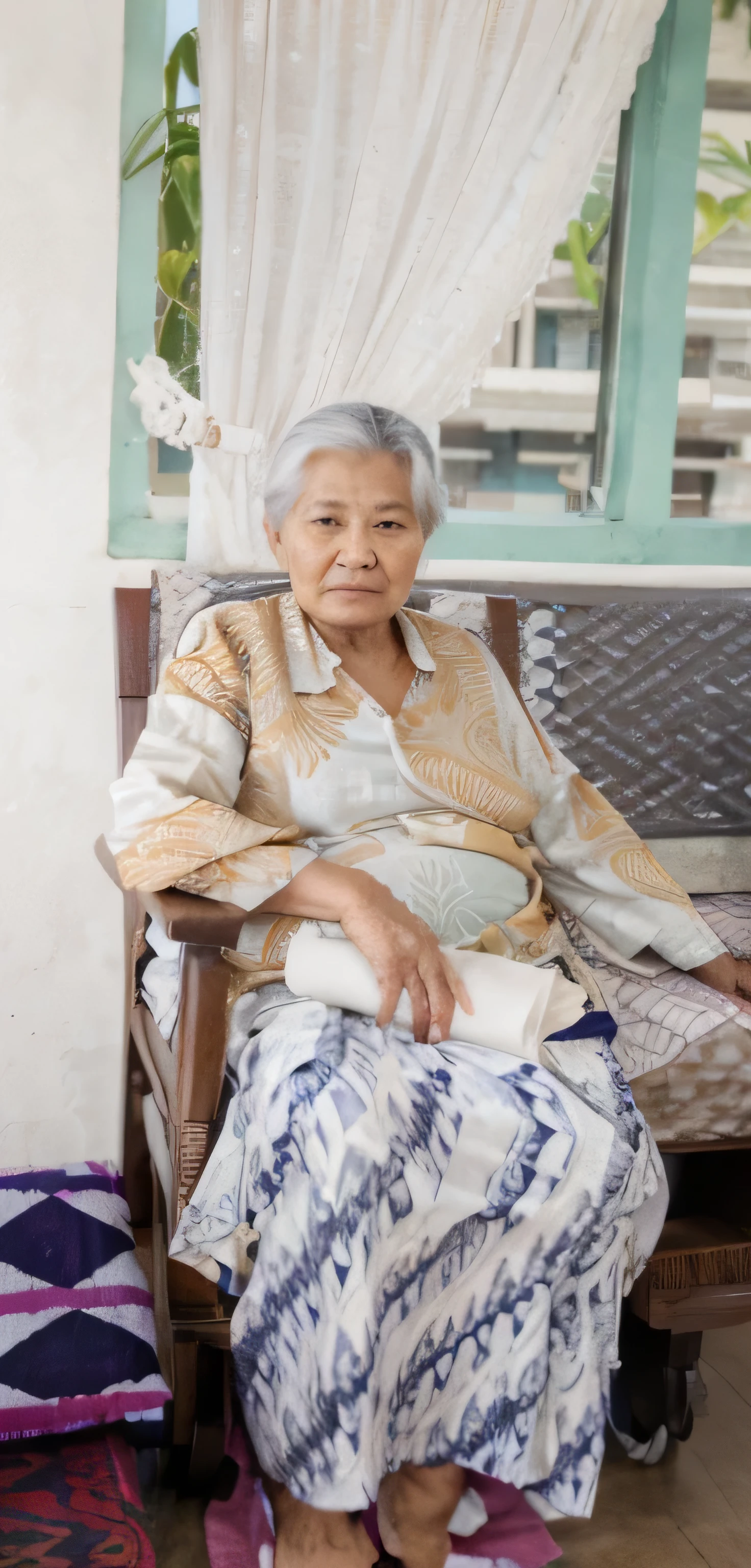 A realistic grandmother from Indonesia is sitting on a guest chair wearing a batik-patterned shirt and sarong, and holding a roll of white paper in her hand , hd, 4k