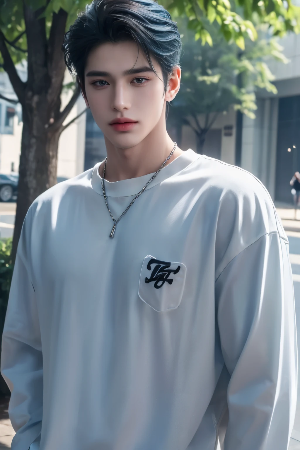((highest quality, 8K, masterpiece: 1.3)), a young boy, outdoor background、(Handsome boy in modern fashion:1.5), 20-year-old、Delinquent boy、 well-groomed face, blue hair color、thin face、(white skin:1.5)、whole body、black eyes、boy with makeup、Super handsome、sexy eyes, handsome nose, sharp eyes, High resolution, detailed mouth, smile:1.4, whole body: 1.5, perfect body shape、super slim,medium middle hair、STUSSY clothes、silver accessories、Oversized clothes,