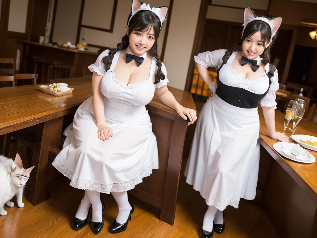 (8k, ultra-high resolution, highest quality, masterpiece:1.2), ultra-realistic, (realistic, photorealistic:1.37), (realistic skin:1.2), ultra-detailed, Canon EOS RP, 8k, Korean mature woman, smiling,(super obese:1.5), (((super curvy,))) ((super voluptuous,)) ((full body shot)),(standing), thick ankles, (((maid cafe))), (((crowd of maids))), (((cat ears, cat tail))),(checked maid uniform:1.4)