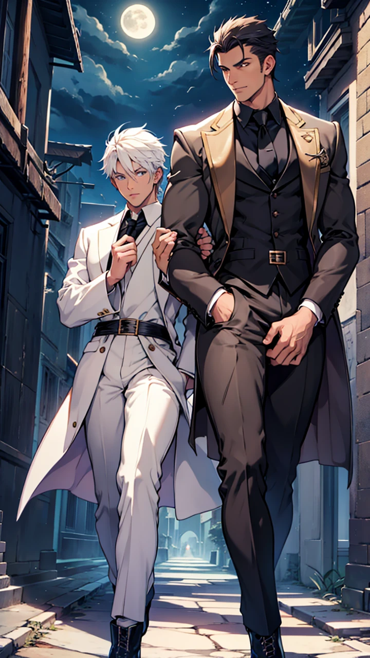 The handsome male magician and the handsome black-booted male archer cast black moonlight magic together