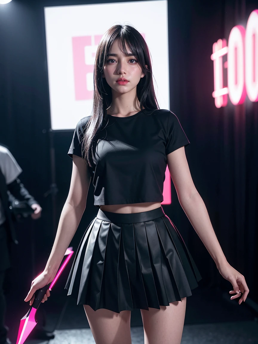 1girl, black skirt, branch, night club, long hair, in club, petals, pleated skirt, shirt, short sleeves, skirt, solo, standing, Raw, cinematic shot, (sharp focus:1.5), (photorealistic:1.4), neon lighting, volumetric lighting, ultra high res, 16K,dramatic lighting,