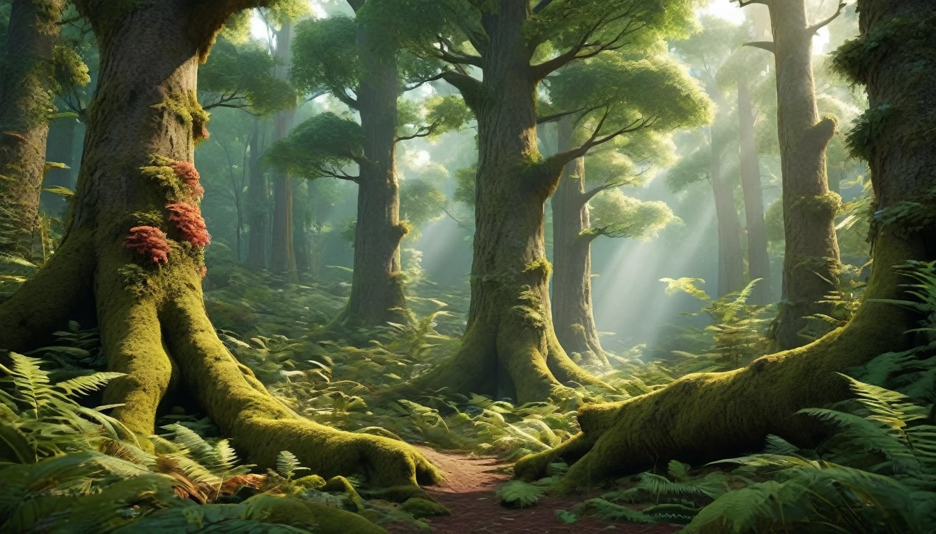 A stunning 3D scene,A beautiful forest scene,Dense trees,