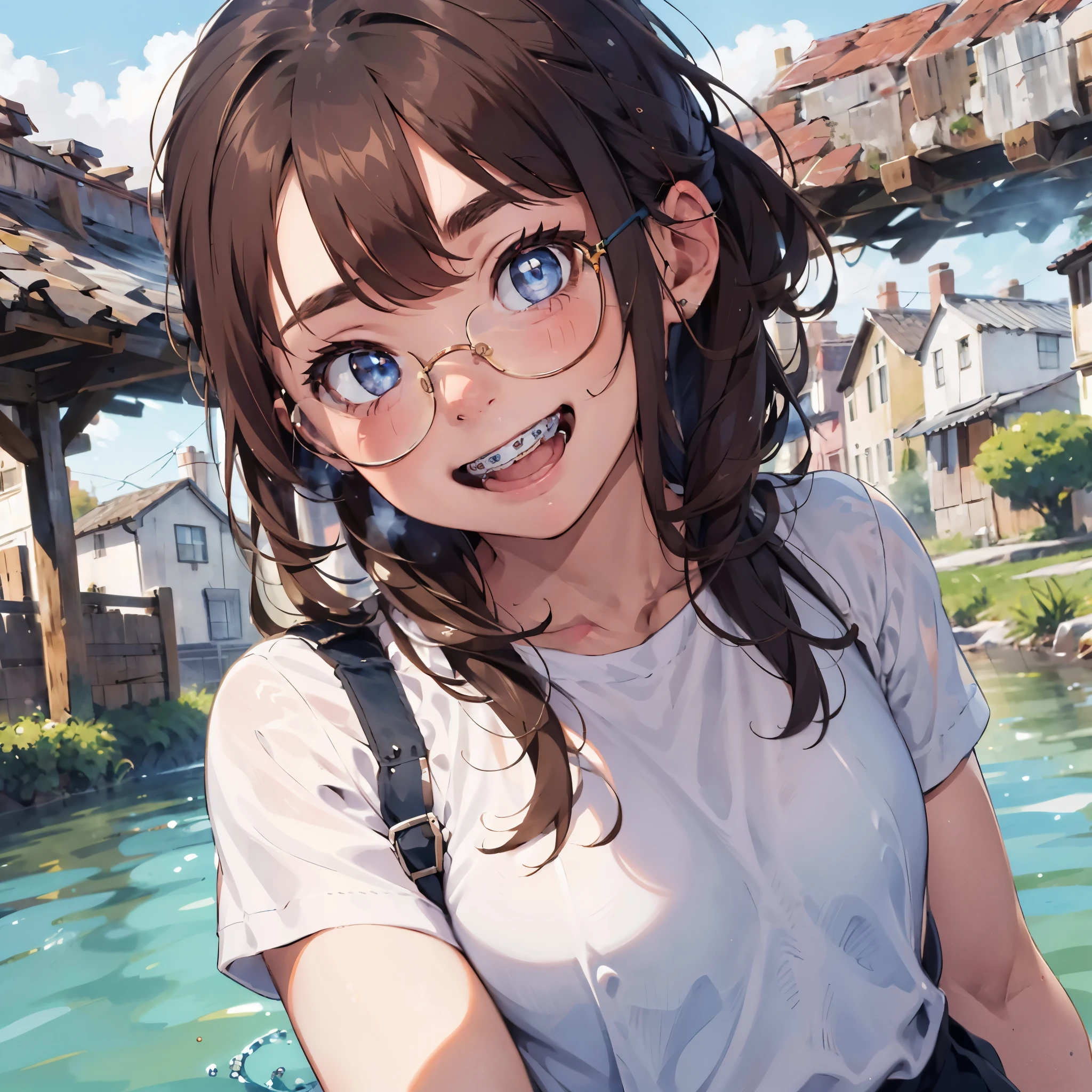 1girl, seductive eyes, braces, glasses, smiling, cute, blue eyes, blush, brown hair, wearing rowers, tongue out, best quality, masterpiece, highres