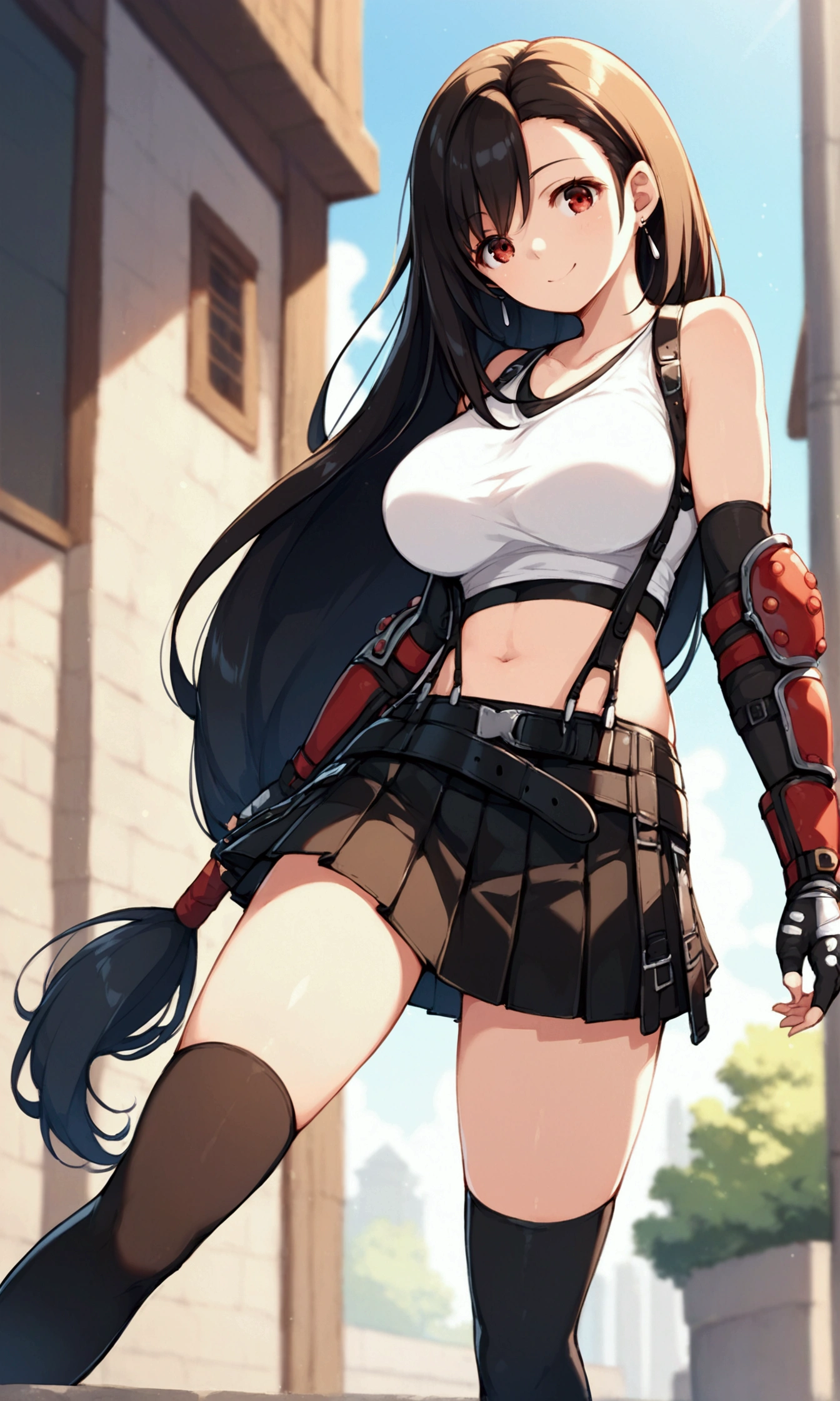 score_9, score_8_up, score_7_up,,BREAK , ,dynamicangle,,,,standing, ,,,Solo ,1girl, tifa lockhart, final fantasy, tareme,black hair, low-tied long hair, red eyes, bangs, (white tank top, belt, pleated skirt, thighhighs, elbow fingerless gloves, elbow pads, midriff, navel,suspender skirt) ,(large_breast),(light smile),(Balancing),daytime,outdoor,(ultra detailed),(best quality),(aesthetic,very aesthetic),UHD,extremely detailed CG unity 8k wallpaper,anime,depth of field,, 　　