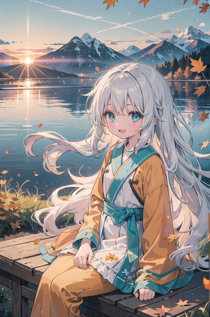 (masterpiece), scenery, mountainous horizon, sunset on the horizon, maple tree, orange petals, light particles, upper body, 1girl, robe, wavy hair, floating hair, smile, sitting, open mouth, light particles, silver hair, aqua eyes, looking at viewer, face focus