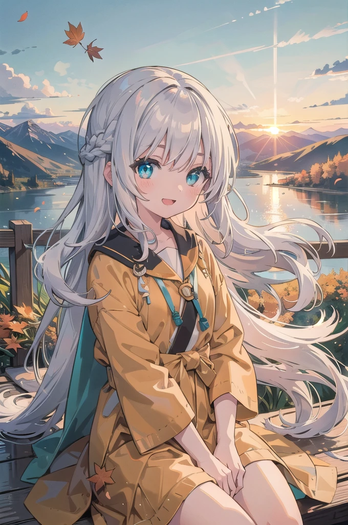 (masterpiece), scenery, mountainous horizon, sunset on the horizon, maple tree, orange petals, light particles, upper body, 1girl, robe, wavy hair, floating hair, smile, sitting, open mouth, light particles, silver hair, aqua eyes, looking at viewer, face focus