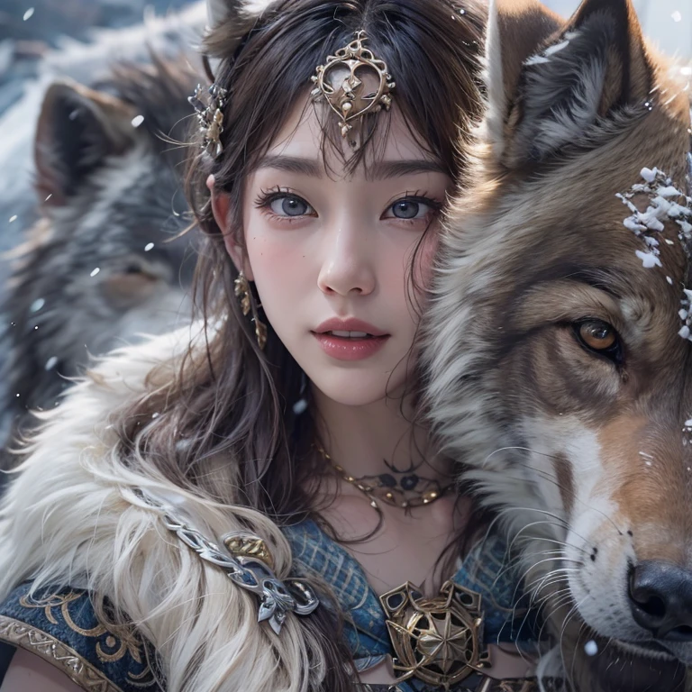 Lakeside surrounded by snowy mountains、Hair flow、 ((Highest quality、masterpiece、8K、Best image quality、Ultra-high resolution、Award-winning works)、(Accurate anatomy:1.1)、(Look at me and smile:1.1)、Shining fair skin with Ultra-high resolution、The most detailed face、Ultra-high resolution detailed face、Ultra-high resolutionの髪の毛、(Ultra-high resolutionの煌めく瞳:1.1)、Beautiful face drawn in every detail、Ancient Viking clothing, Chest to chest, tattoo, A real wolf is by your side