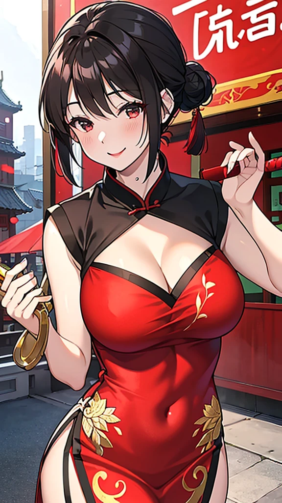 a beautiful woman,Standard red silk cheongsam,Hair tied into a bun,short black hair,Large Breasts,Sexy,Slim body,Holding a Chinese long sword,long sword waving, (gold embroidery thread), (Such),cleavage, City,Outdoor Chinese restaurant,Smile,lipstick