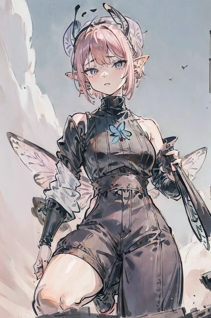 (((1girl))), ((high definition)), (from the waist up), ((tiny pixie)), short hair, dim pink hair color, big eyes, grey irises, (very pointy ears), (butterfly wings), (insect antennae), black turtleneck with shoulder cut-outs, grey shorts, knee-high brown boots, (distrustful expression)