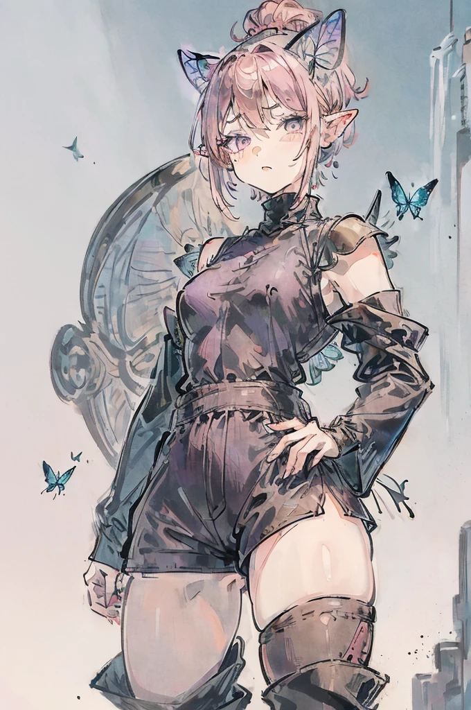(((1girl))), ((high definition)), (from the waist up), ((tiny pixie)), short hair, dim pink hair color, big eyes, grey irises, (very pointy ears), (butterfly wings), (insect antennae), black turtleneck with shoulder cut-outs, grey shorts, knee-high brown boots, (distrustful expression)