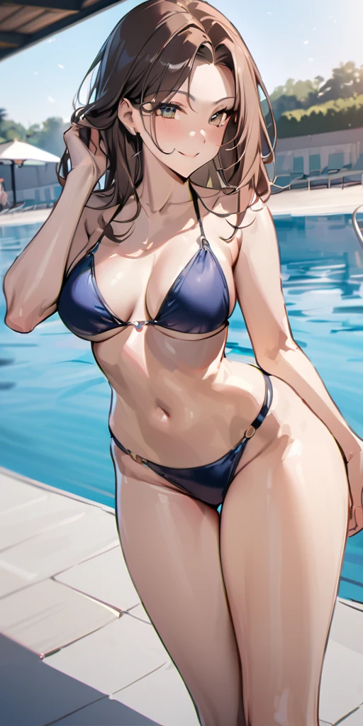 ((Hands beside the body)),((Highest quality、masterpiece:1.3))、Long legs、Sharp focus:1.2, Beautiful woman with perfect figure:1.miling:1.2), double eyelid、30-year-old female、Sexyse、((((One Woman、bikini)))),(((((one women,pool side:1.5)))))、, cowboy shot:1.5))、