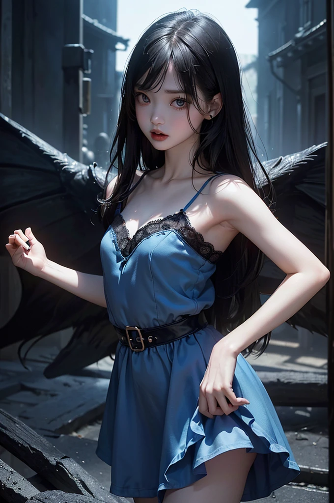 Highest quality, masterpiece, look up, cute,(Horror),(((Beautiful girl))),(Sexy),(sexy),((Small breasts)),Baby Face,(Blue dress,Summer clothes),(Middle school students),Black Hair,Beautiful Style,((Pale skin)),Sensual look,Embarrassed,Sexy表情,Heavy makeup,Expressions of delight,(Dark atmosphere),(Dark atmosphere,fear),((Dim lighting))