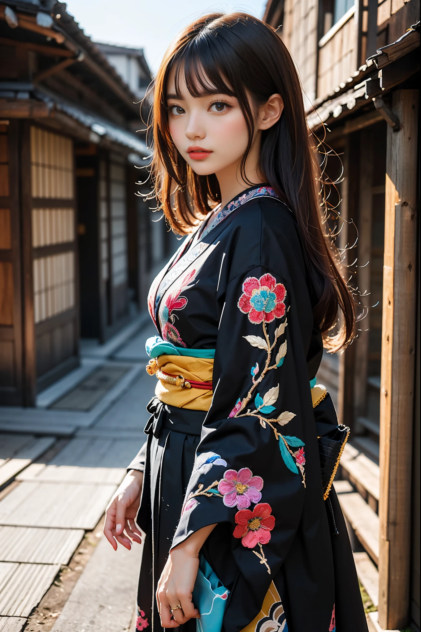 (masterpiece, best quality, highest quality, official art, beautiful and aesthetic: 1.2), (1 girl), exquisite costume (gorgeous Japanese kimono (colorful kimono (fine embroidery))), highly detailed, (fractal art), colorful, most detailed, mandala in background