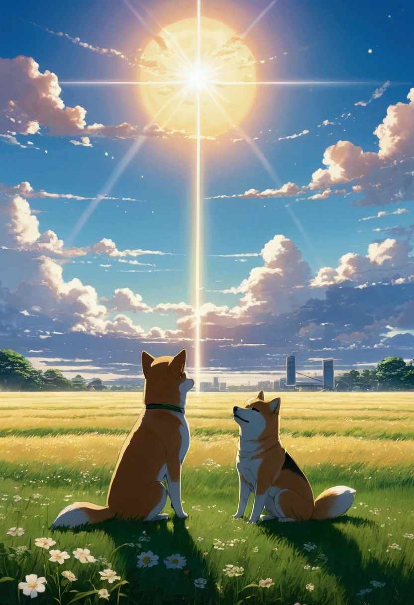 Makoto Shinkai Taste, Beautiful sky, Shiba Inu,puppy, Morning Glow,Romantic Landscape, Healing scenes,Sparkling,hope,Wide angle、