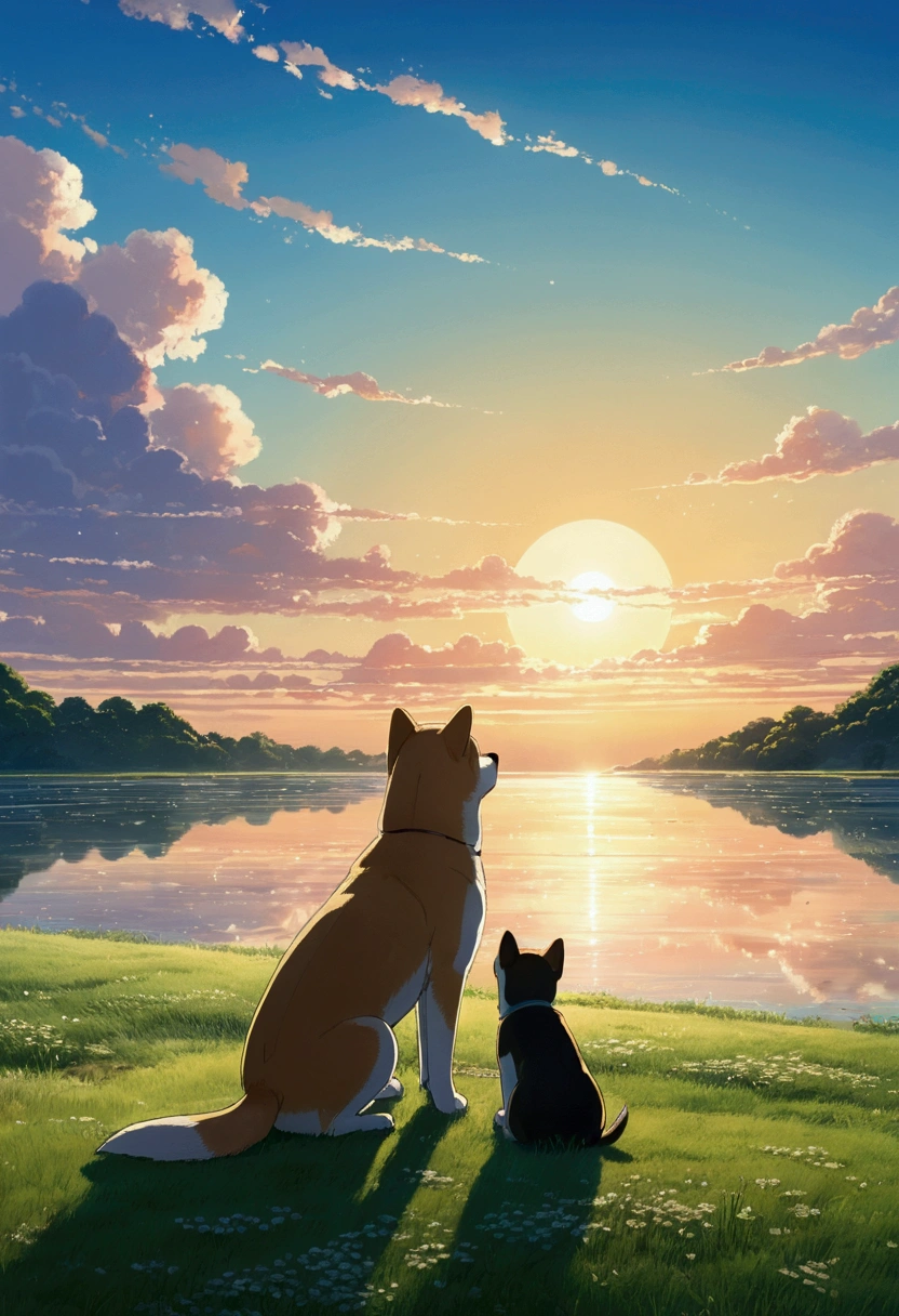 Makoto Shinkai Taste, Beautiful sky, Shiba Inu,puppy, Morning Glow,Romantic Landscape, Healing scenes,Sparkling,hope,Wide angle、