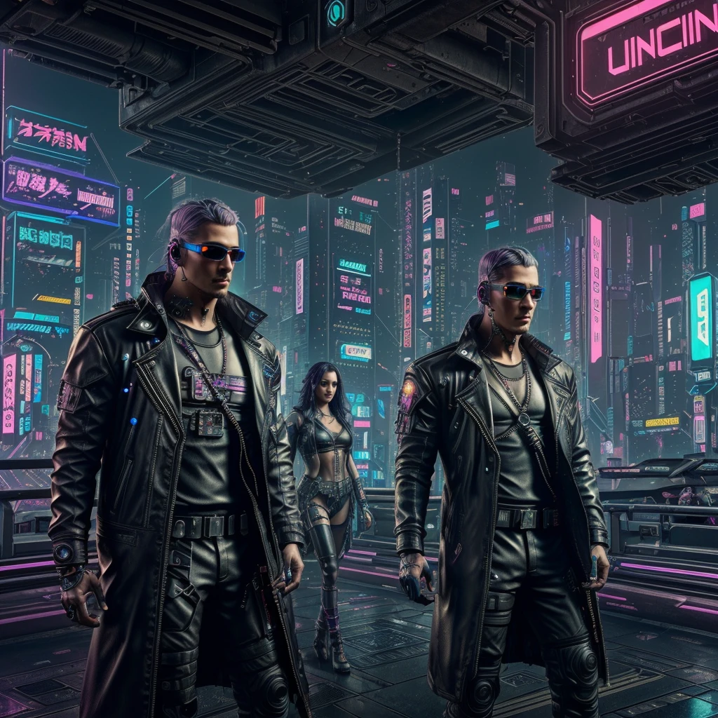 ((Cyberpunk(detailed)), neon lights (cinematic), A cyberpunk gentleman in a full suit and a cyberpunk lady in a full futuristic leather outfit, with a futuristic cyber car, (high quality rendering))