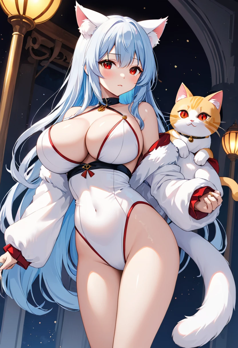 I am Yukiko, I am a white furred cat woman with long light blue hair along with cat ears and light red eyes with a blue cat tail. I am 1.62 cm tall my huge breasts measure 200 cm, waist 40 cm and hips 200 cm , Dressed in a simple white dress and carrying in my arms a a boy with golden cat ears and tail and red eyes .