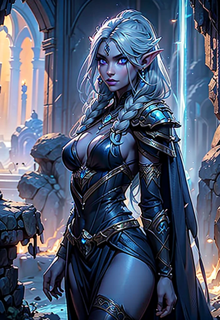 UHD 8k, HDR+, 1girl, drow sexy, pele roxo-azul escura, long and elaborate braids of pale silver, ((Olhos vermelhos)), jewelries, orelhas de elfo, brincos, ((vestido sexy feiticeira branca)), ((maneja a equipe)), ((Cast light magic)), in a firelit cave, athletic, Volumetric lighting, best quality, master part, Realistic, anatomicamente correto, (Strong cinematic lighting), detalhes impressionantes, detalhes intrincados, 8K post-production, high resolution, super detalhes, trending on ArtStation, sharp focus, profundidade de campo f/1.8, studio photos, (((Looking at camera))), game street fighter, Warcraft,
