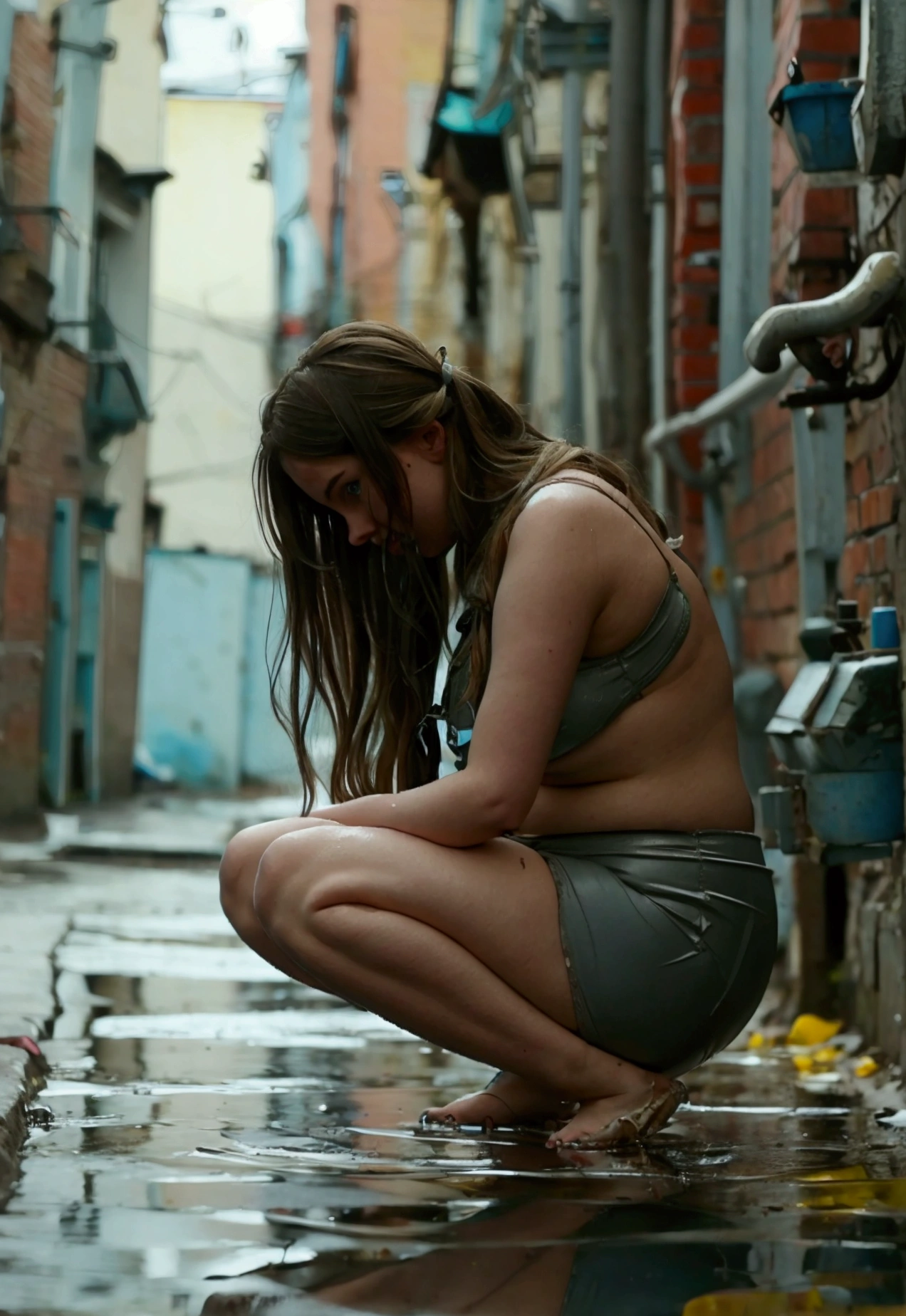 An overweight Russian girl squats with bare legs in her own puddle in a dirty alley