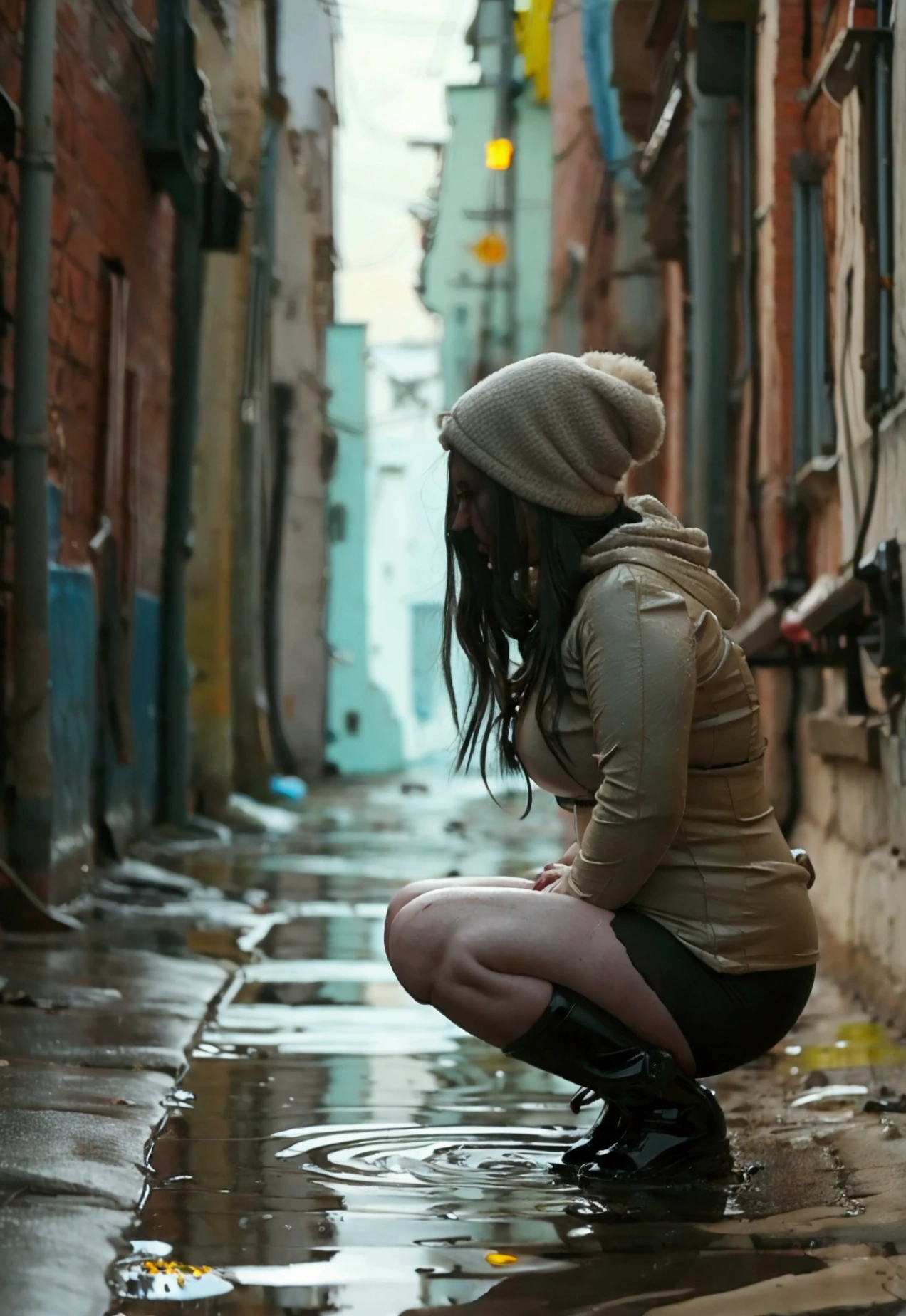 An overweight Russian girl squats with bare legs in her own puddle in a dirty alley