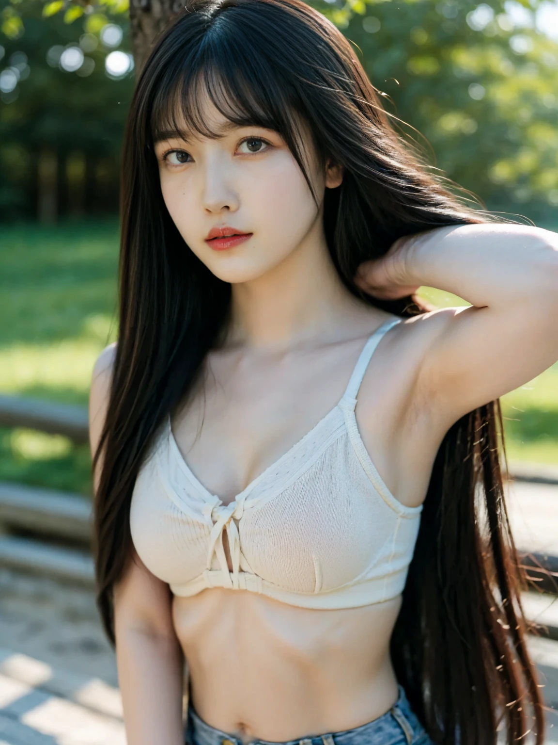 Best quality, masterpiece, ultra high res, (photorealistic:1.5), raw photo, 1girl, in the park, deep shadow, low key, cold light, sexy look, ample bust , bra outlined visible, bra strap, knit tanktop, natural breast size, (long hair), arms up.