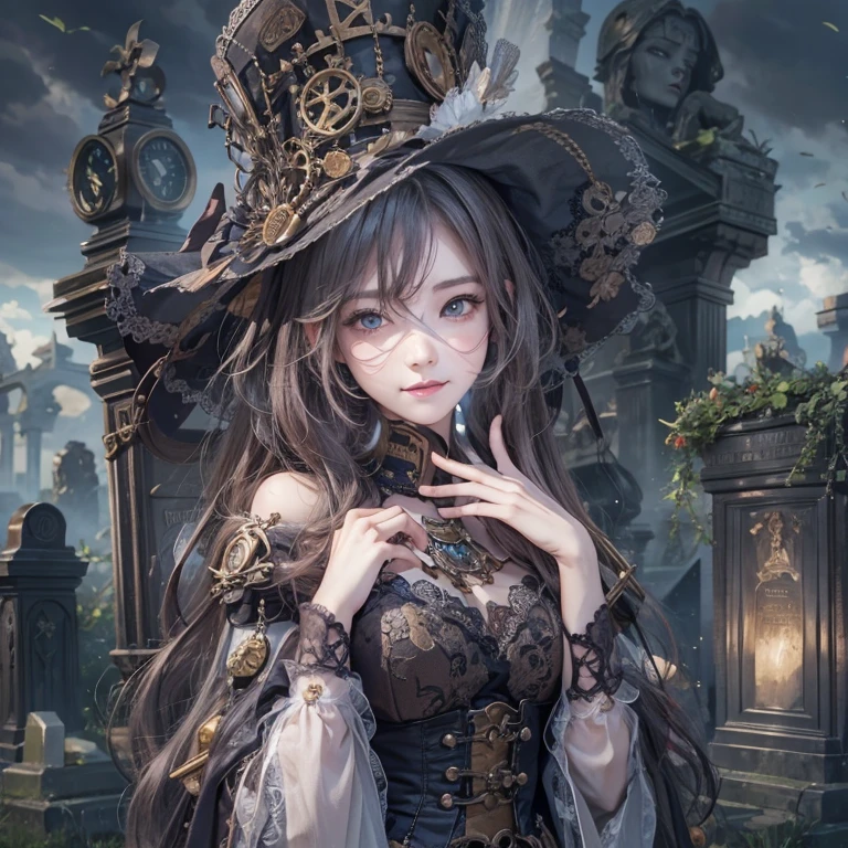 Standing in the grave、Hair flow、 ((Highest quality、masterpiece、8K、Best image quality、Ultra-high resolution、Award-winning works)、(Accurate anatomy:1.1)、(Look at me and smile:1.1)、Shining fair skin with Ultra-high resolution、The most detailed face、Ultra-high resolution detailed face、Ultra-high resolutionの髪の毛、(Ultra-high resolution eye:1.1)、Beautiful face drawn in every detail、Steampunk costumes, Chest to chest,  Strange atmosphere, Ghosts flow, Dark Light, At the Cemetery, Heavy makeup 