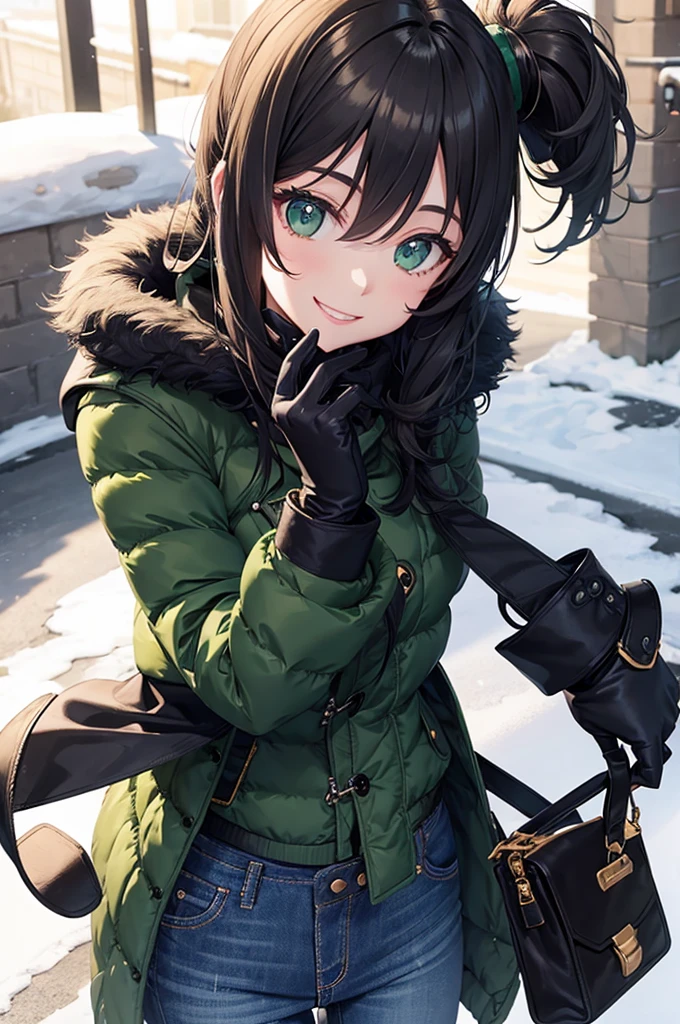girl, jeans, black green puffer jacket, black gloves, street, smile, snow