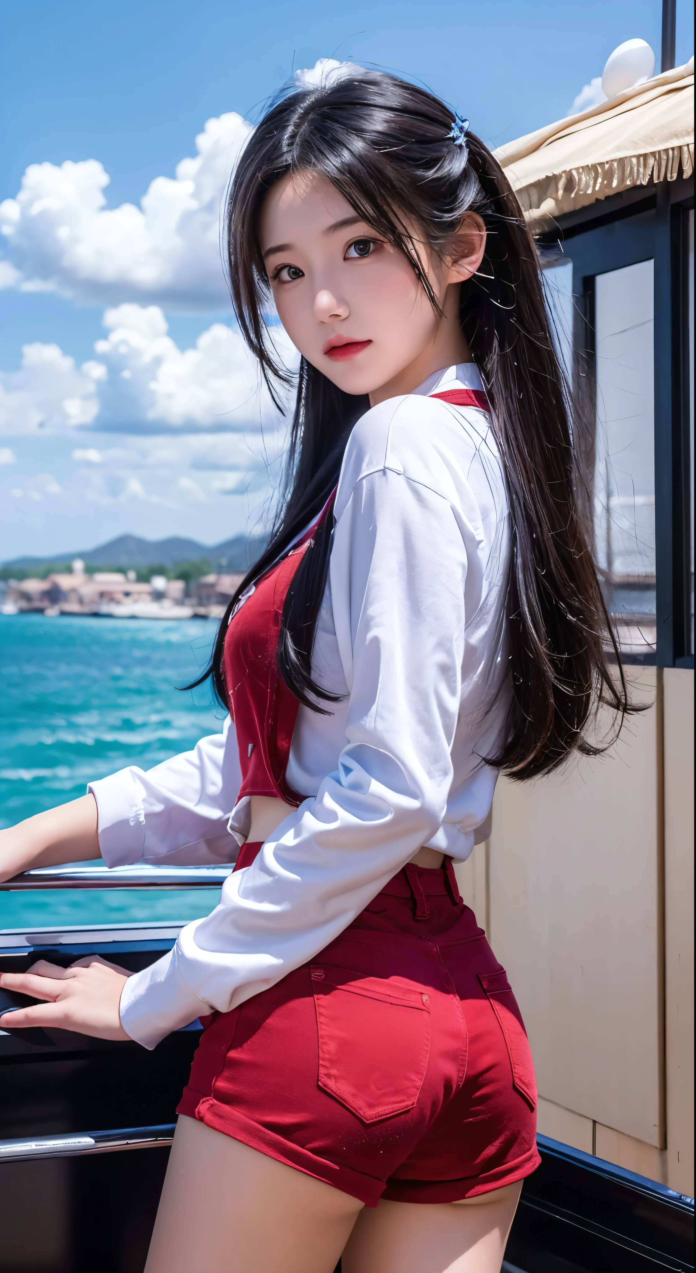 masterpiece, Highest quality, Very detailed, Unity 8K wallpapers, (Riding a gondola), Sky, 1 girl,  Gradient Hair, Hair between the eyes, Facial details, age: 16, look back, Cute face, White knee socks,Girl in denim pants and red clothes