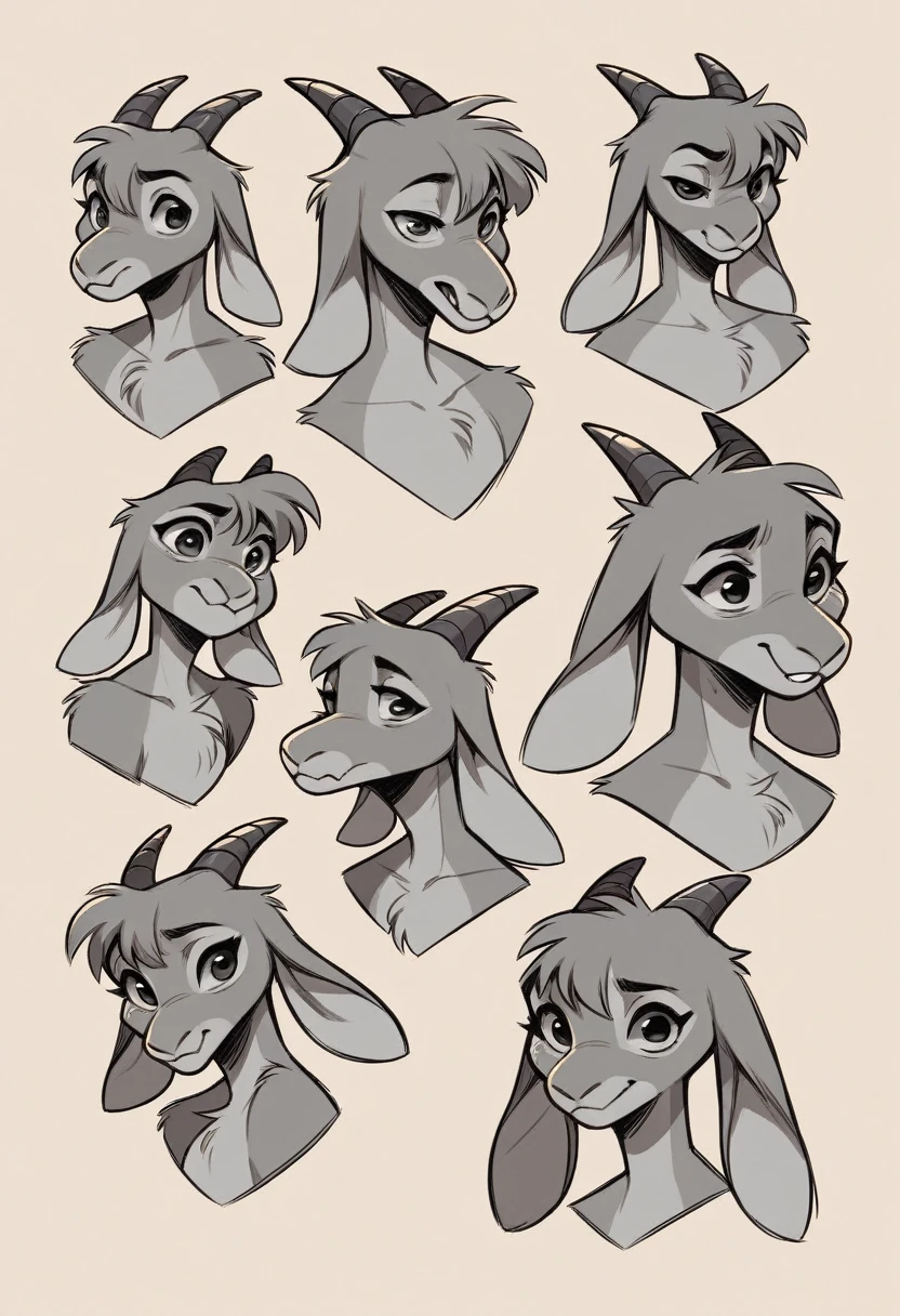 Digital art, Adult Anthro Dragon Goat mix, Dynamic pose, long floppy ears, pear body shape, Furry, doodle page, several poses, cartoon style, disney style art