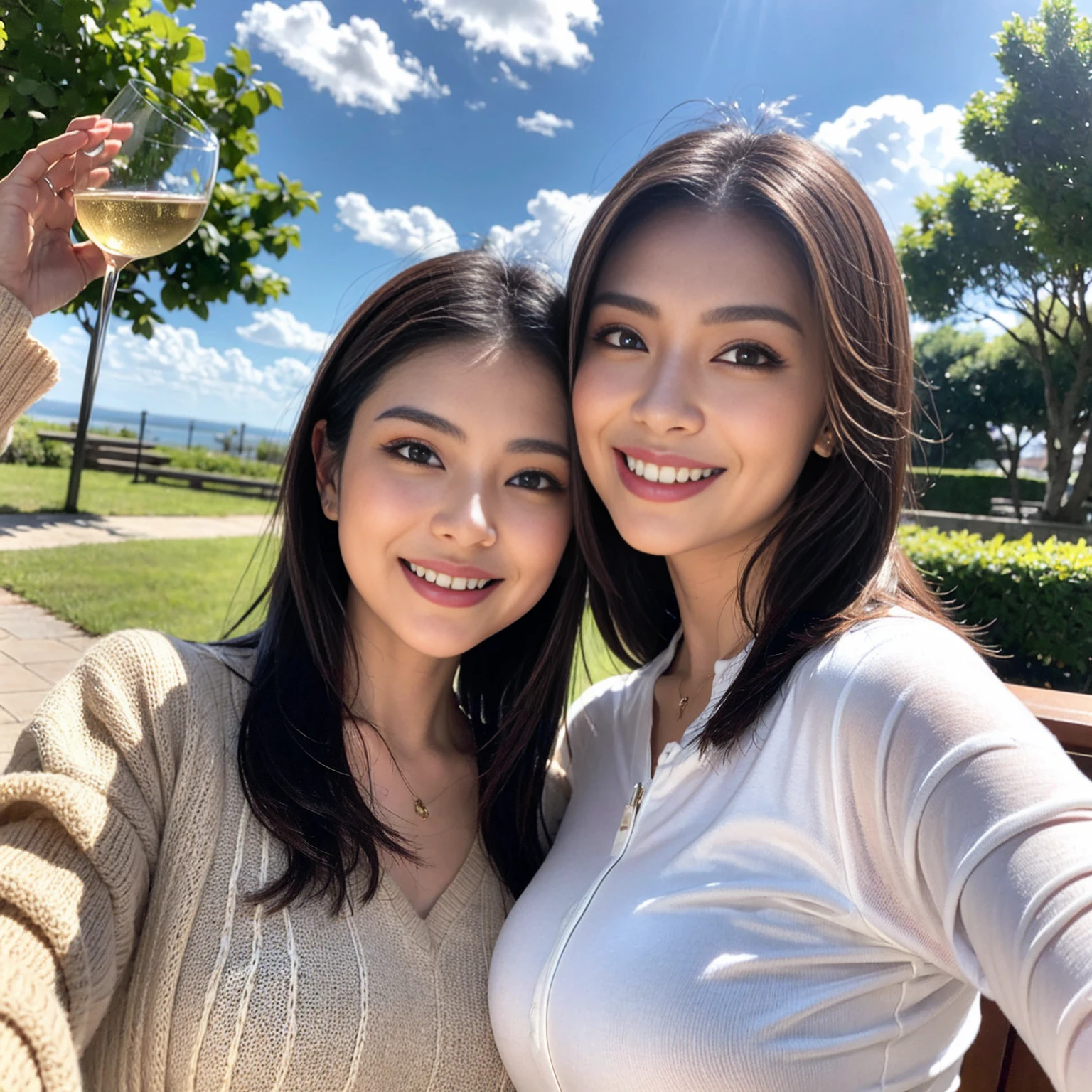 ((Highest quality、、masterpiece:1.3))、1 male、1 female,44 years old 39 years old、Shine the light on my face、Slim Beauty、Beautiful couple、Upper Body、smile、 (Slim face), (the body is スリム), (Brown Hair), (Shortcuts), テーブルのフルコースディナーとwine glass、Amazing view of the sunset sky and clouds、smileの美しさ、Wine bottle、sparkling wine、Long sleeve shirt、dress、White wine, red wine, wine glass, Beautiful fine grain, Depth f/2,saturation, High Contrast, Strong light and shadow,Moist Body:1.5、 texture、The hair is very shiny、
