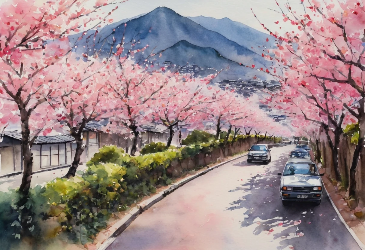 (Cherry blossom And Street:1.5), (ink and watercolor painting:1.5), (Tasteful:1.5), (ink and watercolor painting:1.5), (full color:1.5), 8k, 4k, (landscapes:1.5),(cherry blossom trees:1.5),(wind:1.5),(flying cherry blossom petals:1.5),(cherry blossom street:1.5),(mountain road:1.5),(kyoto:1.5),(lots of people on street:1.5),(pink theme:1.5),(Burning Yuru:1.5),