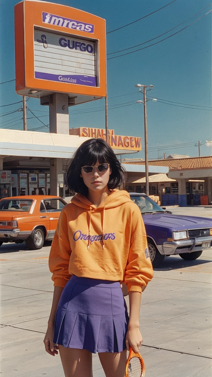 (medium long shot portrait) of cute 23 yo girl ,wear ((orange color oversized_hoodie)), wear ((purple tennis skirt)),looking front,Best Quality,Masterpiece,Ultra High Resolution,(Realisticity:1.4),Original Photo, 1Girl, light leak,ultra high resolution,UHD,beautiful, (black bob hair), almond eye, no makeup, in front of ((80's los angles gas station)), (realistic:1.2), (surreal:1.3), (very detailed:1.1), ((masterpiece)),summer, blue sky, palm trees,sunny, los angles vibes,film camera, 800mm lens,style of Philip Lorca diCorcia