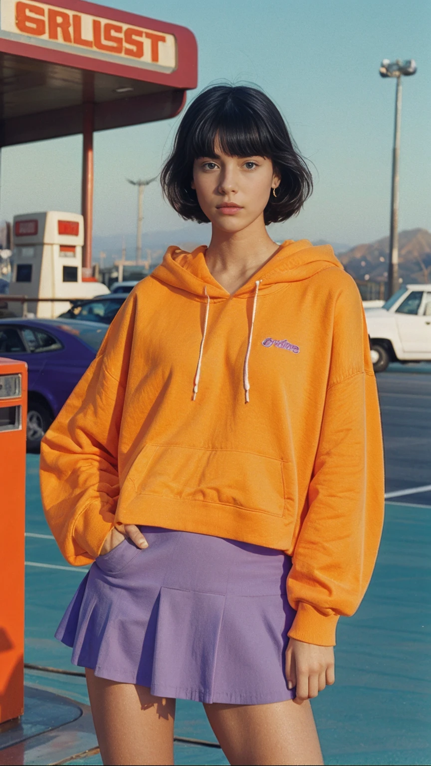 (medium long shot portrait) of cute 23 yo girl ,wear ((orange color oversized_hoodie)), wear ((purple tennis skirt)),looking front,Best Quality,Masterpiece,Ultra High Resolution,(Realisticity:1.4),Original Photo, 1Girl, light leak,ultra high resolution,UHD,beautiful, (black bob hair), almond eye, no makeup, in front of ((80's los angles gas station)), (realistic:1.2), (surreal:1.3), (very detailed:1.1), ((masterpiece)),summer, blue sky, palm trees,sunny, los angles vibes,film camera, 800mm lens,style of Philip Lorca diCorcia