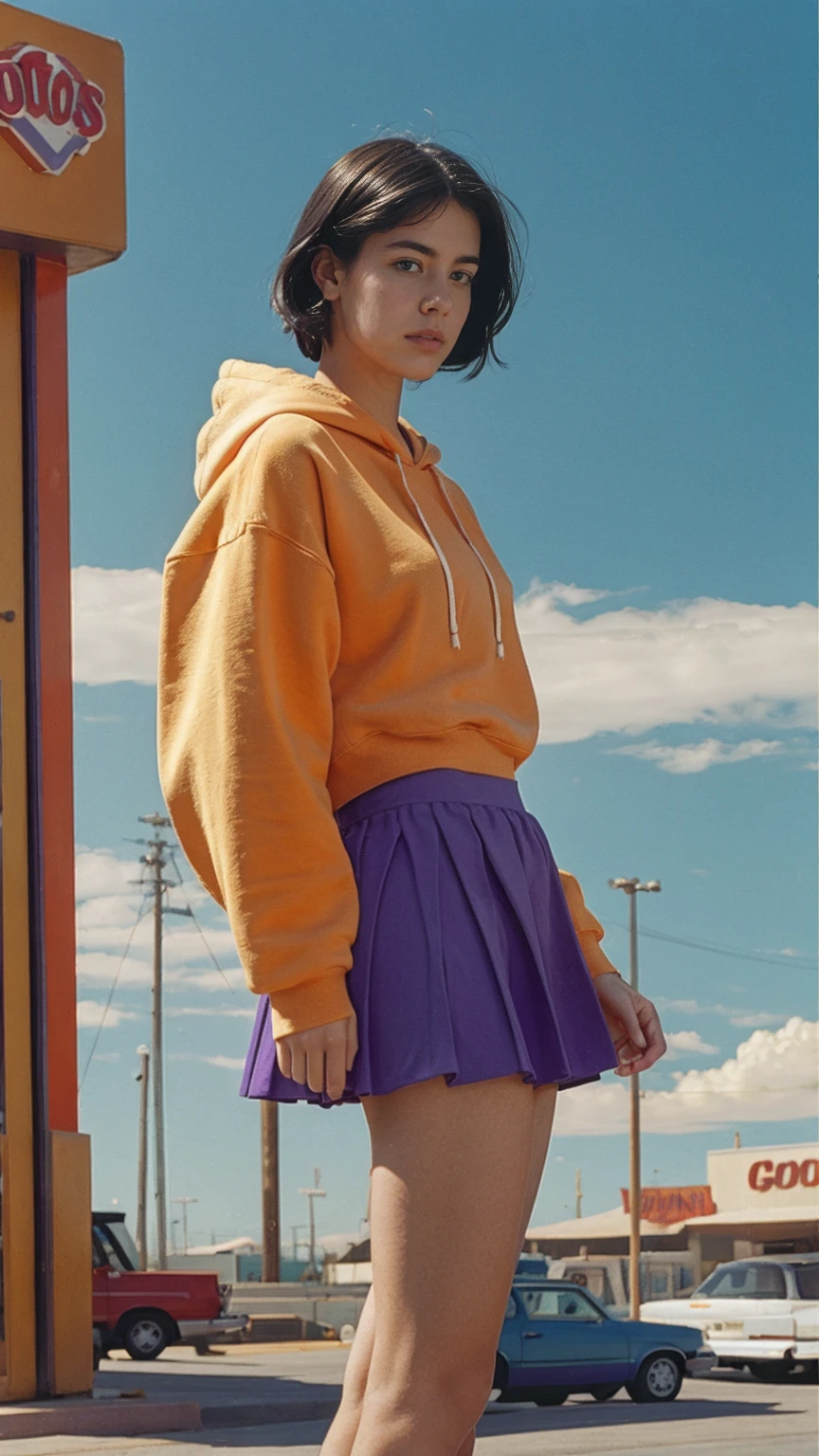 (medium long shot portrait) of cute 23 yo girl ,wear ((orange color oversized_hoodie)), wear ((purple tennis skirt)),looking front,Best Quality,Masterpiece,Ultra High Resolution,(Realisticity:1.4),Original Photo, 1Girl, light leak,ultra high resolution,UHD,beautiful, (black bob hair), almond eye, no makeup, in front of ((80's los angles gas station)), (realistic:1.2), (surreal:1.3), (very detailed:1.1), ((masterpiece)),summer, blue sky, palm trees,sunny, los angles vibes,film camera, 800mm lens,style of Philip Lorca diCorcia