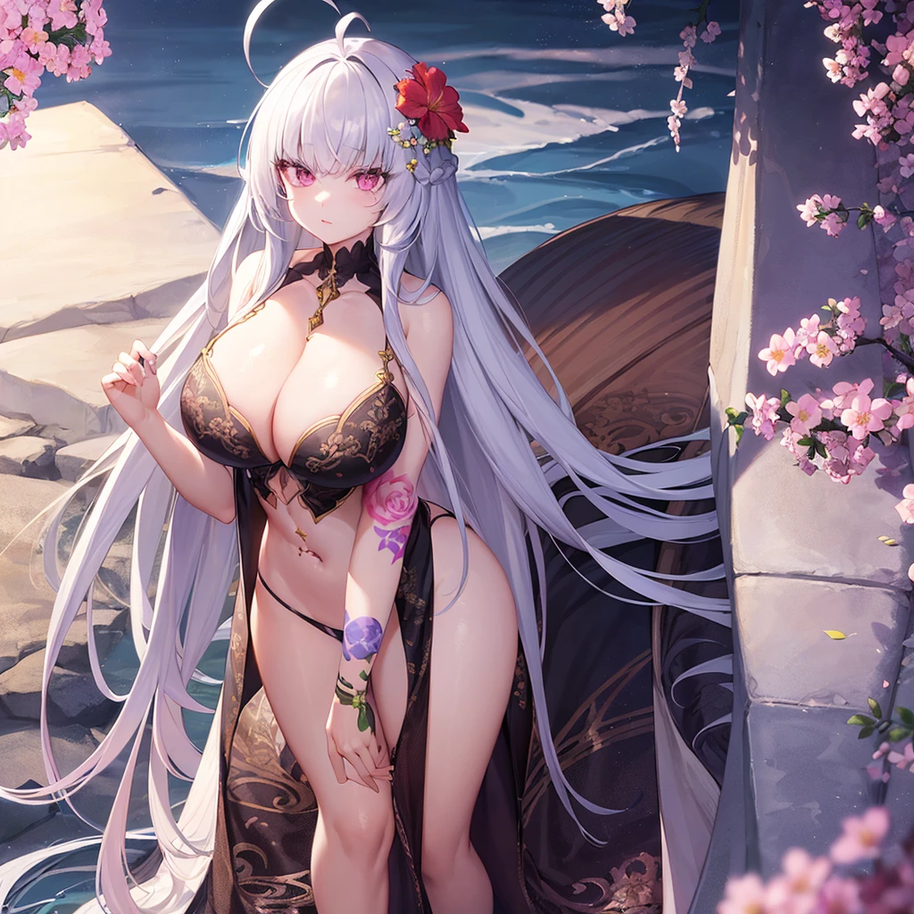 Black hair pink eyes (((((cleavage)))))Hair Flower seaside (((Long eyelashes))),ahoge,(((Long eyelashes))),((Extremely long hair)),(((Flower Tattoo))),((straight_hair)),navel,(((gigantic breasts))),((butt))