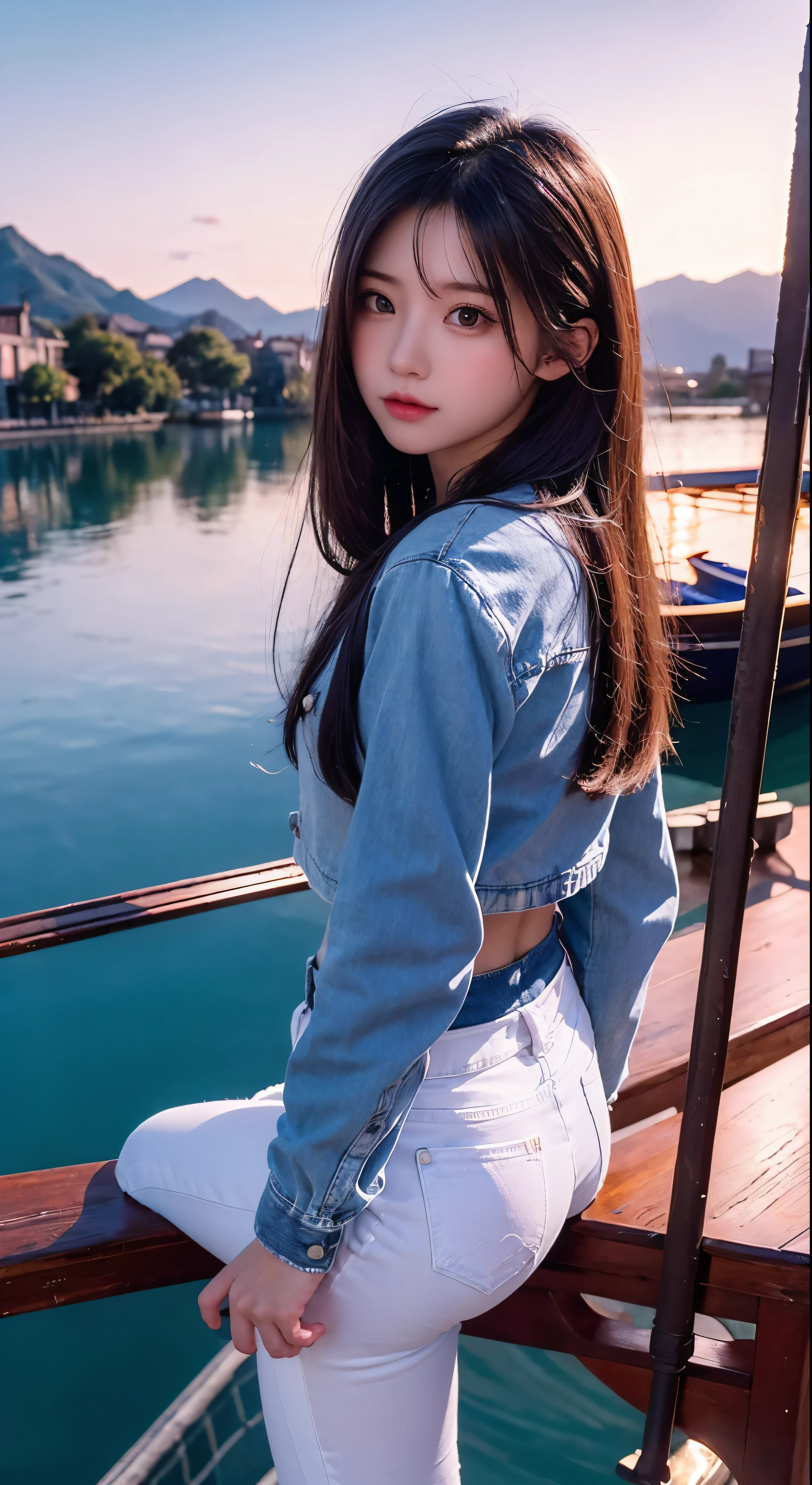 masterpiece, Highest quality, Very detailed, Unity 8K wallpapers, (Riding a gondola), Sky, 1 girl,  Gradient Hair, Hair between the eyes, Facial details, age: 16, look back, Cute face, White knee socks,Girl in denim pants and red clothes