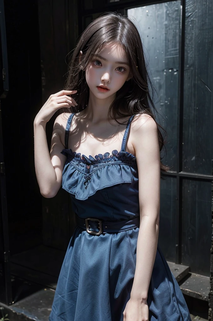 Highest quality, masterpiece, look up, cute,(Horror),(((Beautiful girl))),(Sexy),(sexy),((Small breasts)),Baby Face,(Blue dress,Summer clothes),(Middle school students),Black Hair,Beautiful Style,((Pale skin)),Sensual look,Embarrassed,Sexy表情,Heavy makeup,Expressions of delight,(Dark atmosphere),(Dark atmosphere,fear),((Dim lighting))