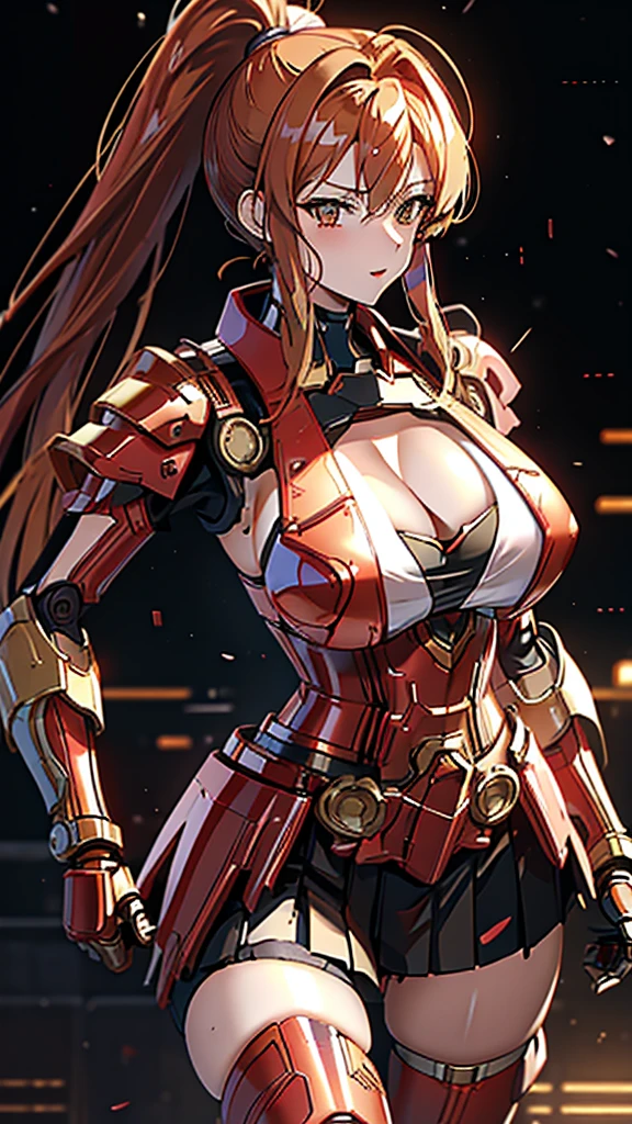 red translucent armor，Arm mecha，Short golden hair，Long ponytail hairstyle，Large Breasts，Cleavage，Pistol hanging from waist，fighter pilot，fighter hangar，Sexy，Lipstick，Miss，Golden Eyes，stockings，Short skirt