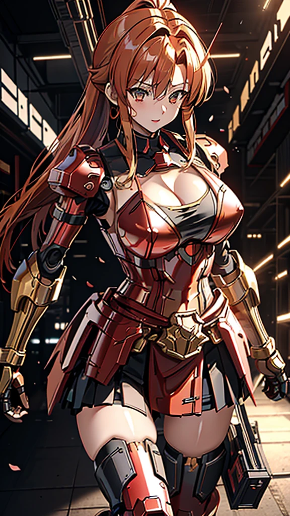 red translucent armor,Arm mecha,Short golden hair,Long ponytail hairstyle,Large Breasts,Cleavage,Pistol hanging from waist,fighter pilot,fighter hangar,Sexy,Lipstick,Miss,Golden Eyes,stockings,Short skirt