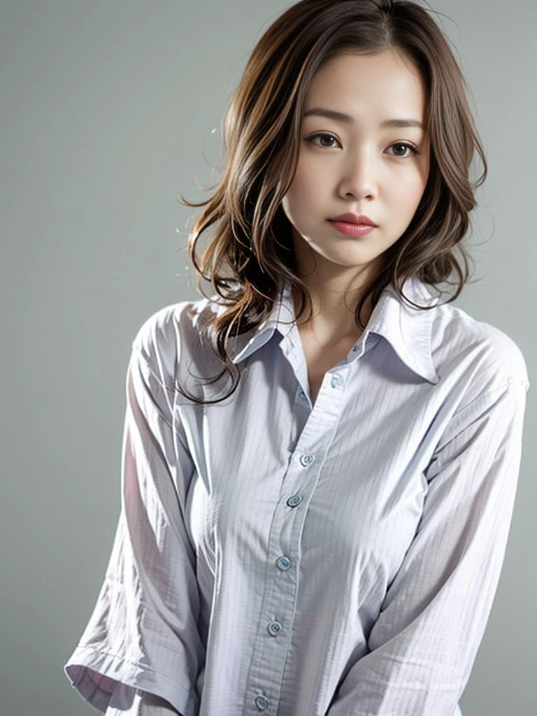 Gray background、pubic hair、Large Breasts、Thighs、Red lipstick、Curly Hair、Disheveled Hair、Cute woman、high school girl、White shirt、Checkered mile、Open chest shirt、One Woman、Gazing at the sea、Looking from below、