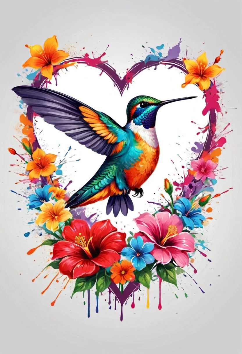 vector art heart with flowers, colorful hummingbird illustration in the center, Paint splashes and stains, high détail, t-shirt designs (work of art, best qualityer, proffesional, perfect composition, very aesthetic, absurdrez, super verbose, details Intricate: 1.3