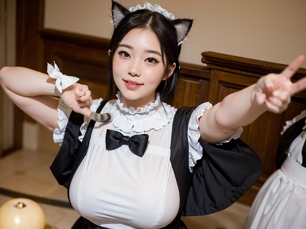 (8k, ultra-high resolution, highest quality, masterpiece:1.2), ultra-realistic, (realistic, photorealistic:1.37), (realistic skin:1.2), ultra-detailed, Canon EOS RP, 8k, Korean mature woman, smiling,(super obese:1.5), (((super curvy,))) ((super voluptuous,)) ((full body shot)),(standing), thick ankles, (((maid cafe))), (((crowd of maids))), (((cat ears, cat tail))),(checked maid uniform:1.4)